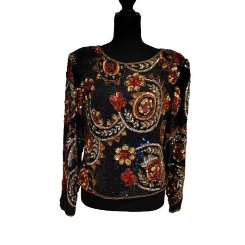 Beaded Silk Vintage Scala Paris Los Angeles Blouse Black Red Gold Size P/M